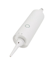 White White Vacuum Cleaner with a long cylindrical component on a white background with a nozzle on a white background