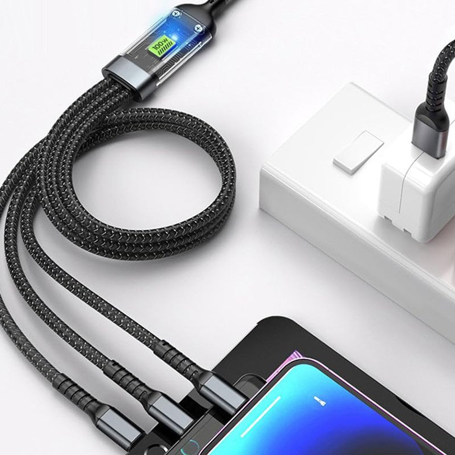 3-in-1 Super Fast Charging Cable 100w Multifunctional Convenient Super Fast Charging Cable Nylon Braided Cord 3-in-1 Silicone Zinc Alloy 3 Head Charging Cable