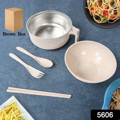 Rice Bowl Noodle 1 Bowl With 1 Lid And Handle Wheat Straw Noodle Bowls With Wheat Straw 1 Fork 2 Chopsticks 1 Spoon For Soup Salad Cooker Snack Set (6 Pcs Set)