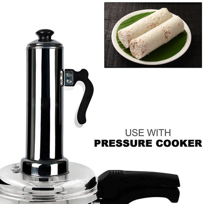 Puttu Maker With Steamer Plate Metal Stick Black Plastic Handle Silver Lid  Puttu Maker Set  To Use With Pressure Cooker Top Food Grade Stainless Steel