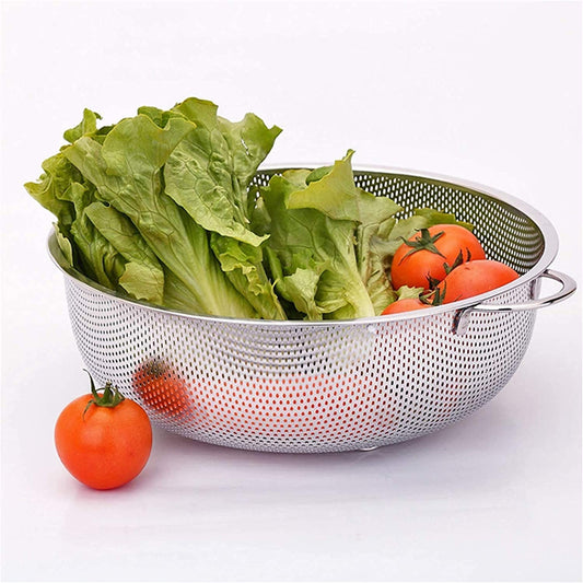 Stainless Steel Colander With Handle Large Metal Mesh Basket Strainer For Pasta Spaghetti Berry Veggies Fruits  Kitchen Food Colander Dishwasher Safe (1 Pc  25.5 Cm)