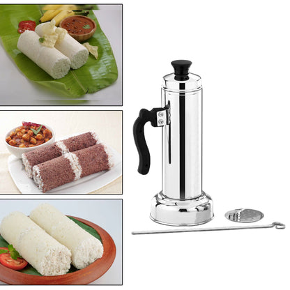 Puttu Maker With Steamer Plate Metal Stick Black Plastic Handle Silver Lid  Puttu Maker Set  To Use With Pressure Cooker Top Food Grade Stainless Steel