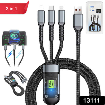 3-in-1 Super Fast Charging Cable 100w Multifunctional Convenient Super Fast Charging Cable Nylon Braided Cord 3-in-1 Silicone Zinc Alloy 3 Head Charging Cable