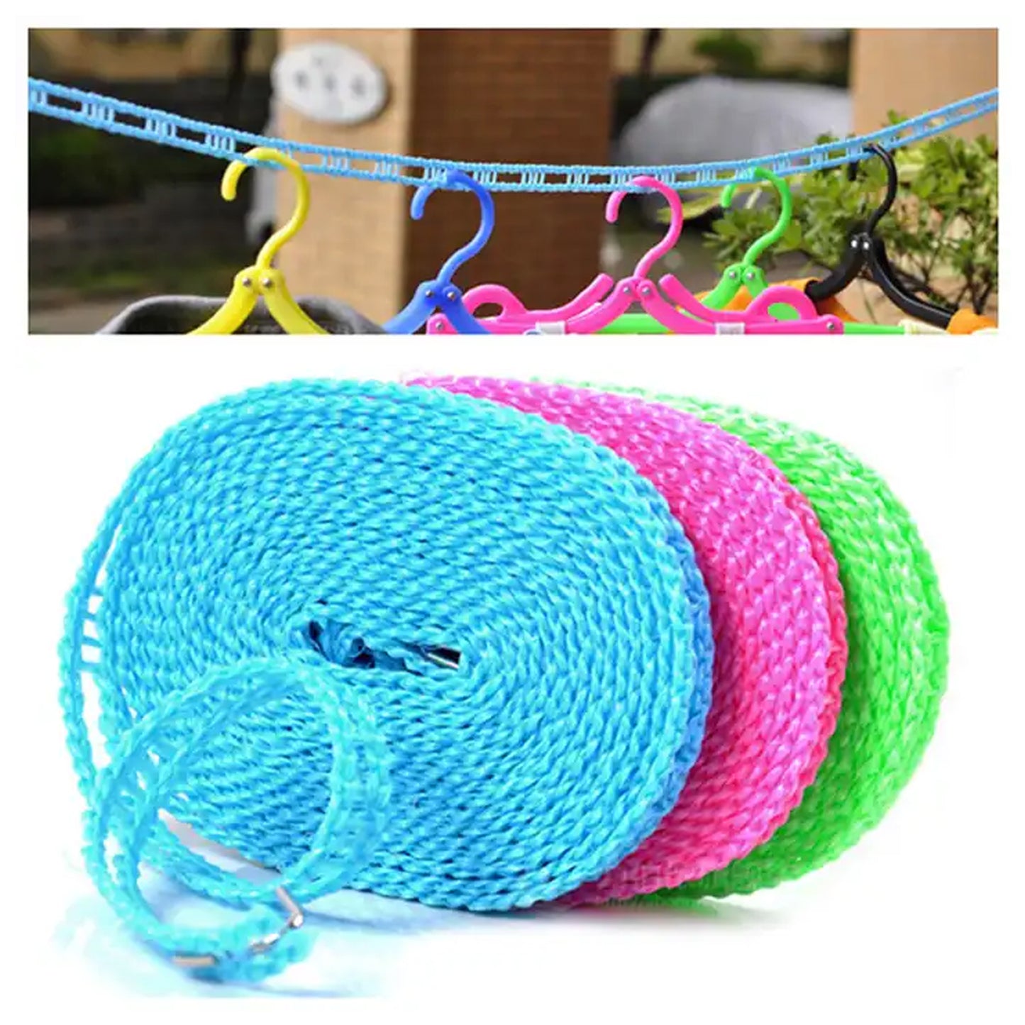 Meters Windprood Anti-slip Clothes Washing Line Drying Nylon Rope With Hooks Durable Camping Clothesline Portable Clothes Drying Line Indoor Outdoor Laundry Storage For Travel Home Use (3 Mtr.)